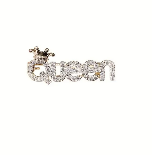 Sparkling rhinestone QUEEN brooch pin with crown detail