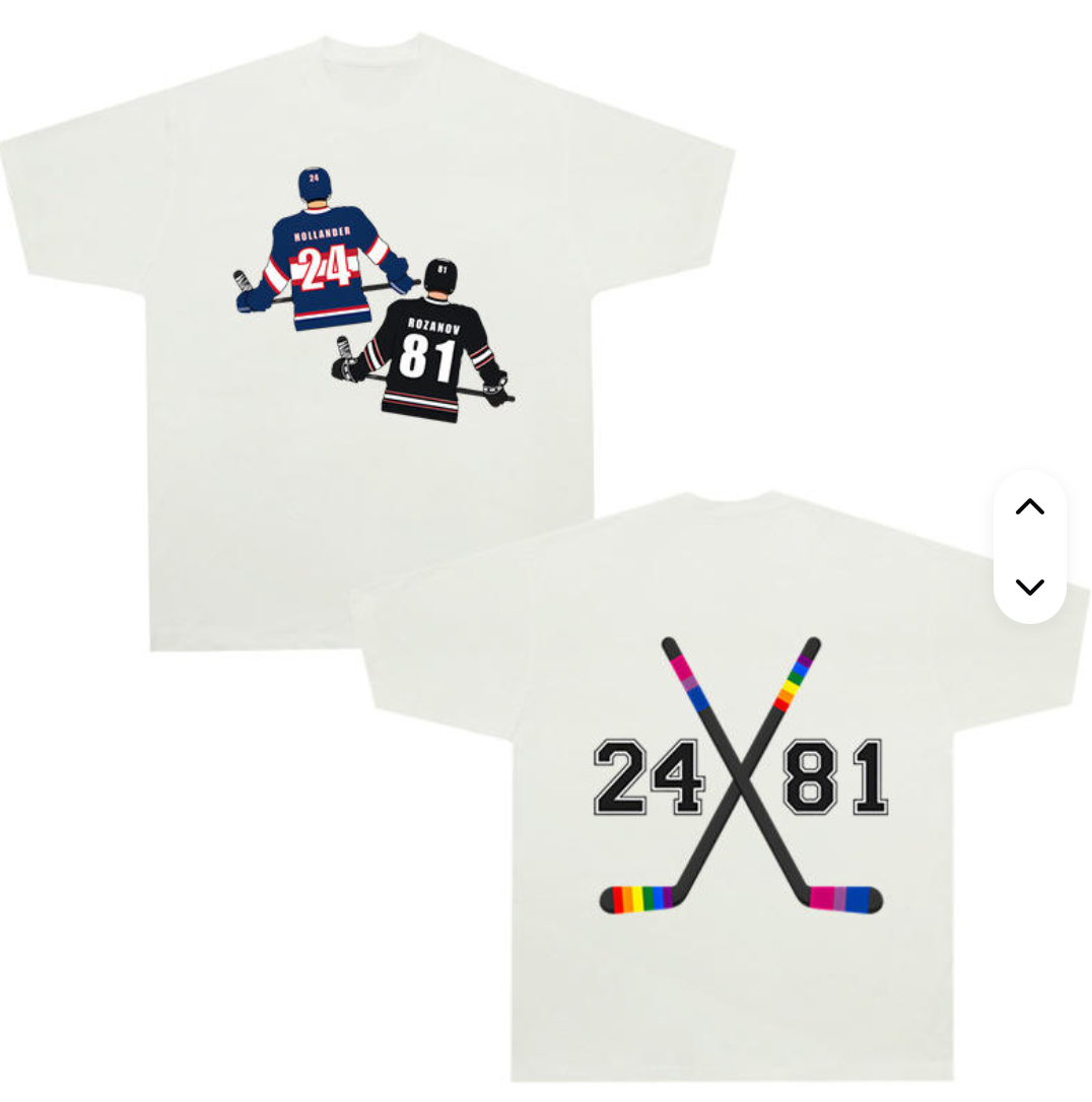 White Heated Rivalry fandom t-shirt with 24/81 hockey sticks graphic and Hollander Rozanov jersey artwork