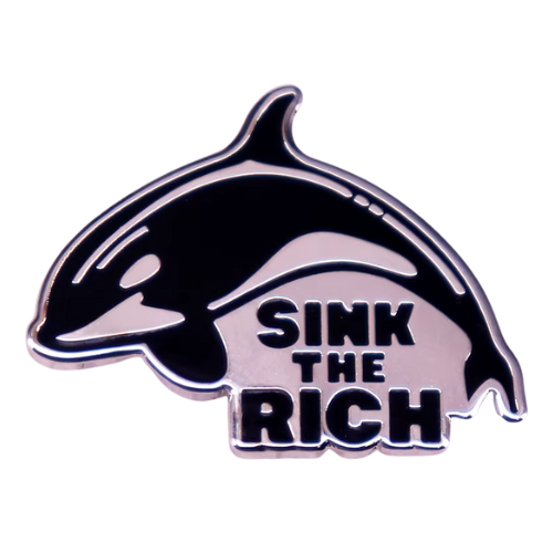 Black and white Sink The Rich orca enamel pin with killer whale design