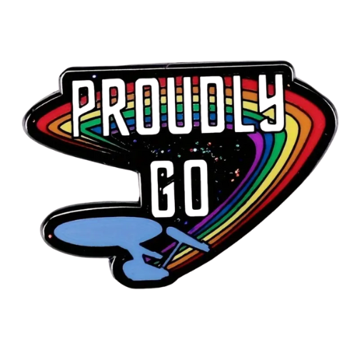 Proudly Go rainbow enamel pin with glittery sci-fi inspired Pride artwork