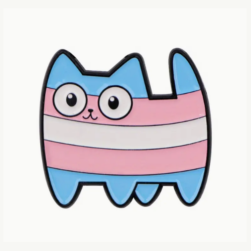 Cute cartoon kitty enamel pin featuring Trans Pride flag colors