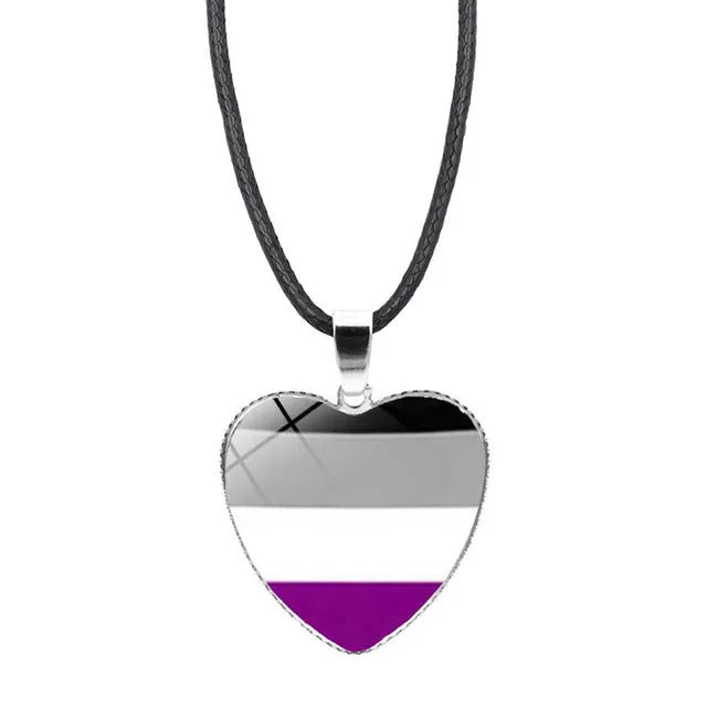 Asexual pride heart pendant necklace with black gray white and purple flag colors beneath glass heart charm