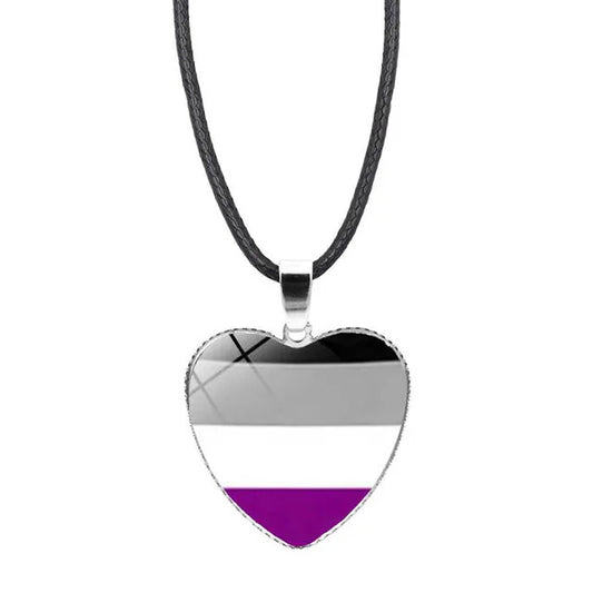 Asexual pride heart pendant necklace with black gray white and purple flag colors beneath glass heart charm