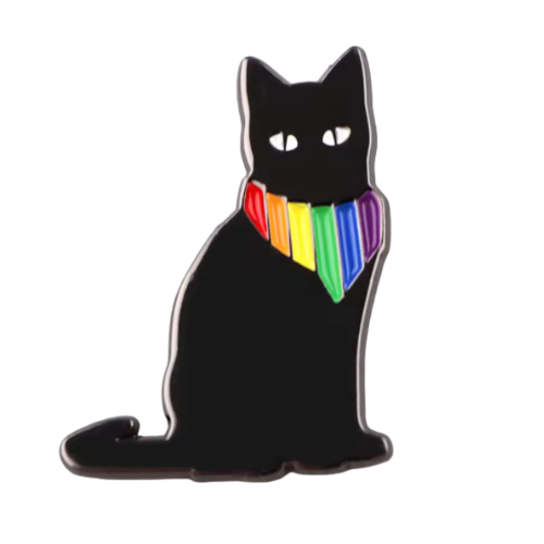 Black cat enamel pin wearing rainbow Pride kerchief scarf