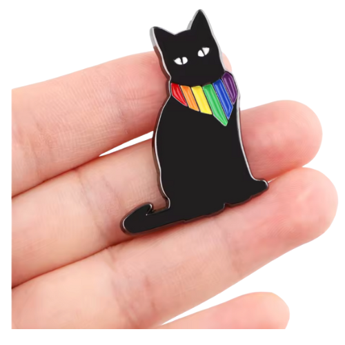 Black cat-shaped pin with a rainbow scarf held between fingers on a white background
