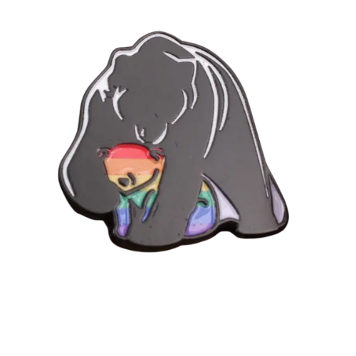 Mama bear enamel pin hugging a small rainbow Pride cub