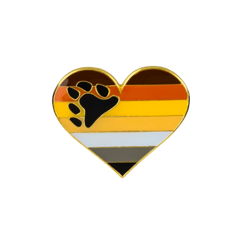 Heart-shaped Bear Brotherhood enamel pin with paw print and bear Pride flag colors
