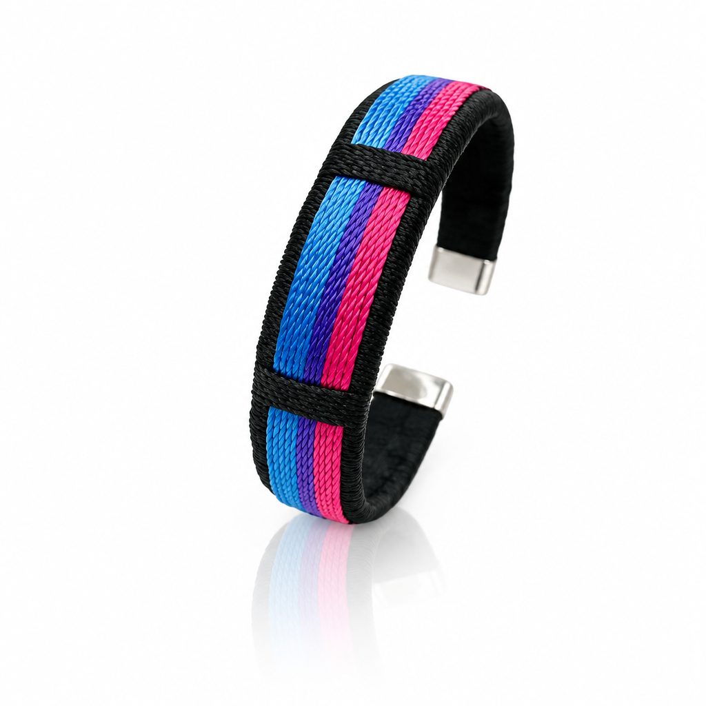 Bisexual pride woven cuff bracelet with pink purple and blue striped fabric 