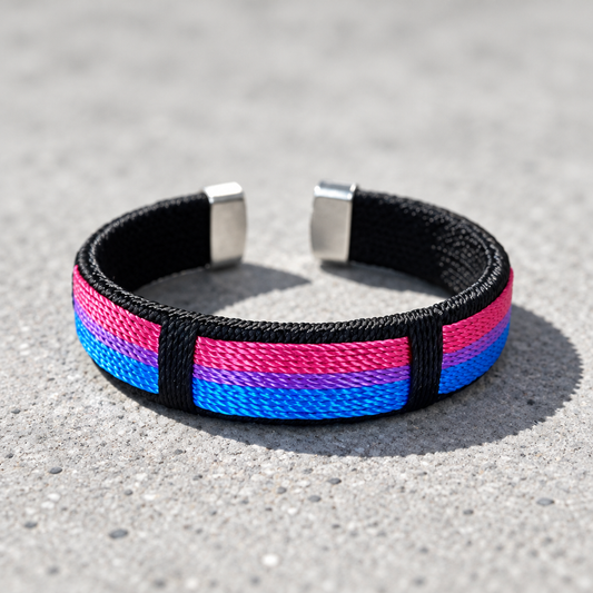 Bisexual pride woven cuff bracelet with pink purple and blue striped fabric displayed on a concrete surface