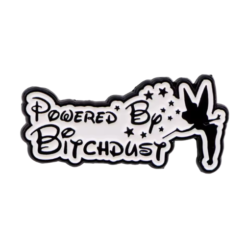 Powered by Bitchdust enamel pin with fairy-inspired magical parody artwork