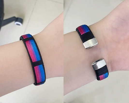 Bisexual pride woven cuff bracelet with pink purple and blue striped fabric design
