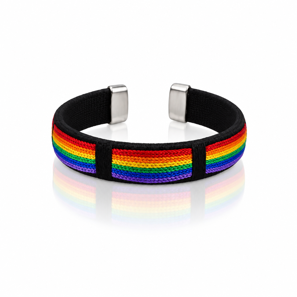 Rainbow pride woven cuff bracelet with colorful striped fabric design