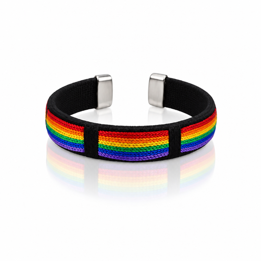 Rainbow pride woven cuff bracelet with colorful striped fabric design