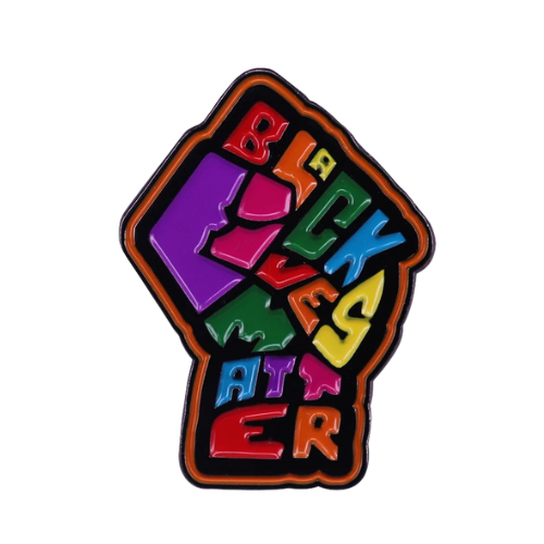 Colorful Black Lives Matter enamel pin with raised fist artwork and rainbow lettering