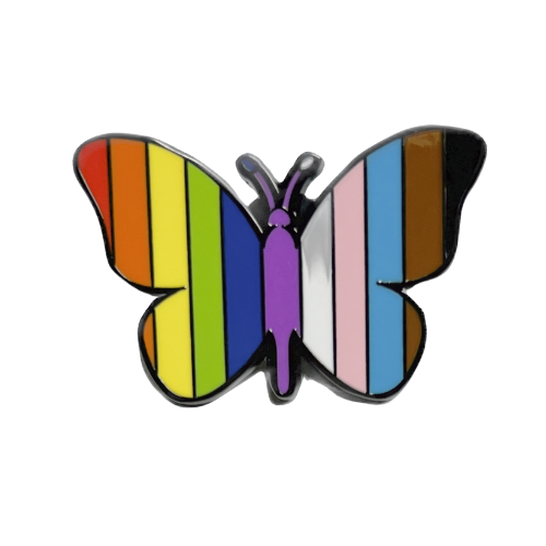 Butterfly enamel pin featuring rainbow and Progress Pride flag colors
