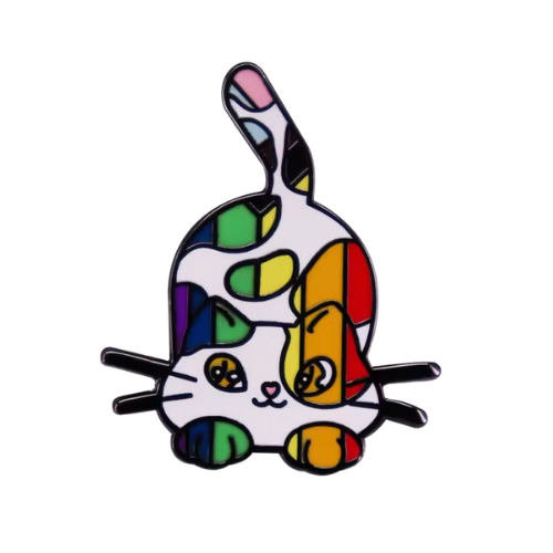 Rainbow Calico Cat enamel pin featuring colorful LGBTQ Pride-inspired patchwork kitty design