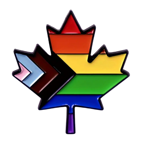 Rainbow maple leaf enamel pin featuring Progress Pride flag colors