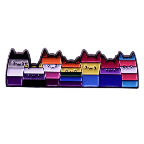 Long enamel pin featuring seven cats in different LGBTQ Pride flag colors