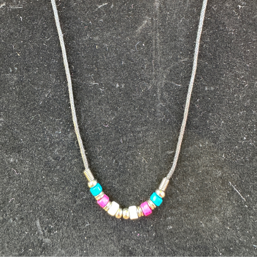 Trans pride ceramic bead choker necklace with pink blue and white beads on black cord