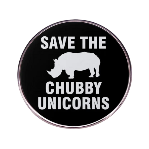Black and white Save the Chubby Unicorns rhino enamel pin with rhinoceros silhouette
