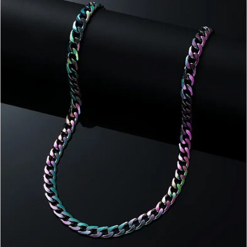 Chunky rainbow Cuban chain necklace with iridescent stainless steel oil-slick finish