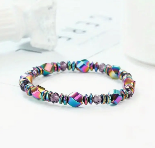 Iridescent metallic stretch bracelet with rainbow reflective beads and crystal accents