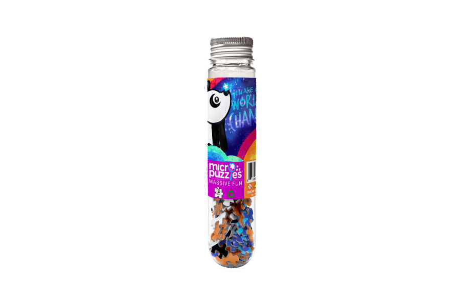You Are a World Changer 150-piece Micro Puzzle featuring an inspirational panda beneath a rainbow with a message encouraging kindness.