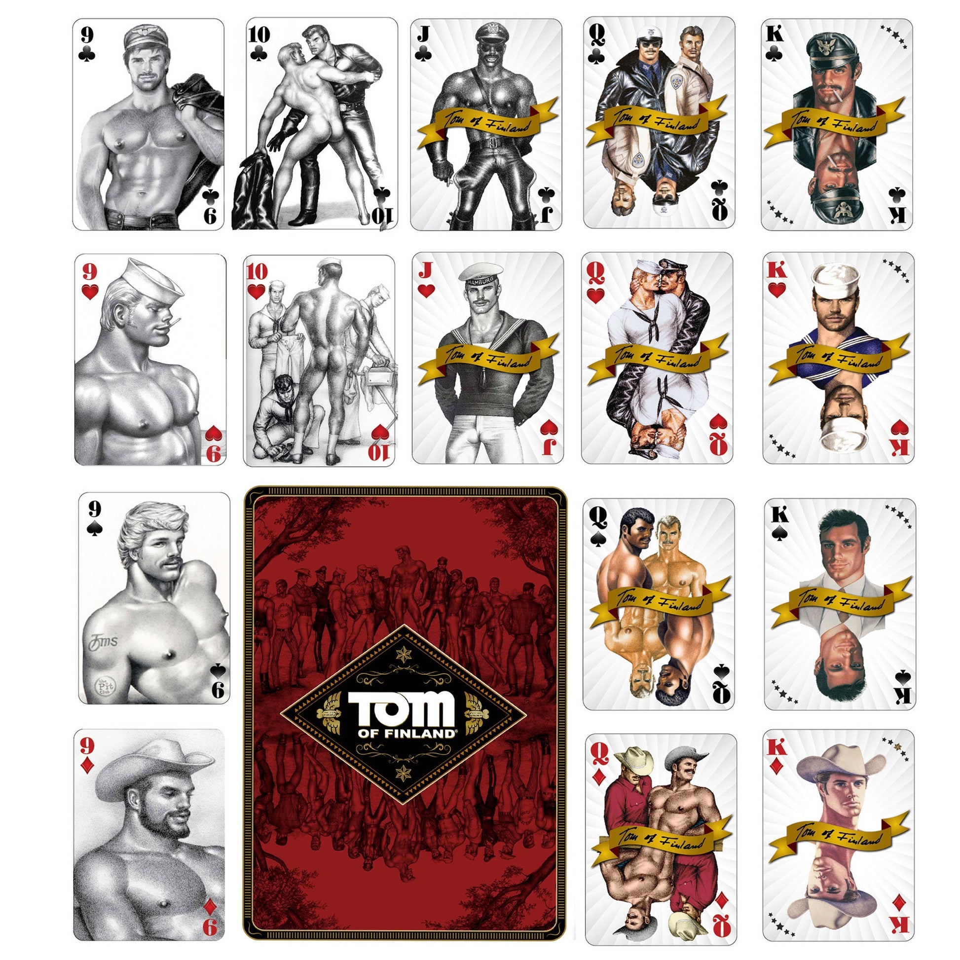 Official Tom of Finland collectible playing card deck featuring 54 illustrated poker cards with iconic LGBTQ+ artwork.