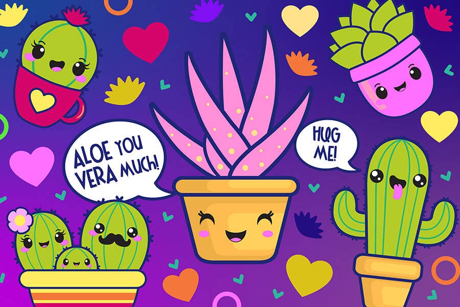 Aloe You Vera Much 150-piece Micro Puzzle featuring smiling succulents, cacti, and colorful plant-themed artwork.