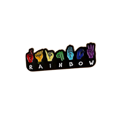 Rainbow ASL Pride enamel pin with sign language hand symbols spelling RAINBOW in Pride colors