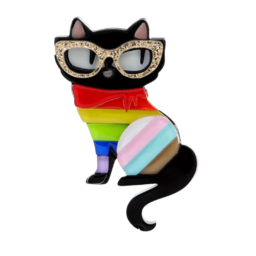 Diva Kitty Progress Pride enamel pin featuring black cat with glitter glasses and rainbow Pride colors