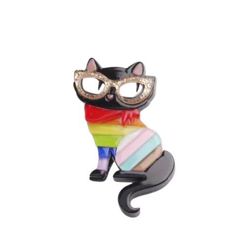 Cat-shaped object with glasses and a colorful sweater on a white background