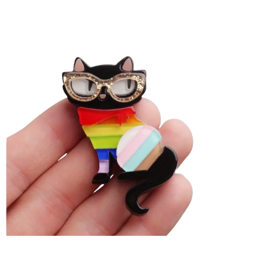 Black cat-shaped brooch with rainbow body and glasses held in a hand on a white background