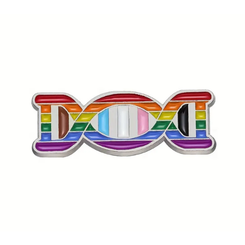 Progress Pride DNA enamel pin featuring rainbow, trans, and Philadelphia Pride flag colors in DNA design