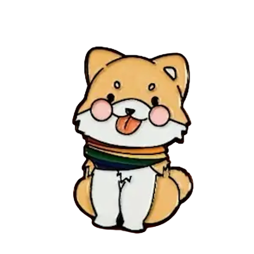 Cute puppy enamel pin wearing a rainbow Pride scarf