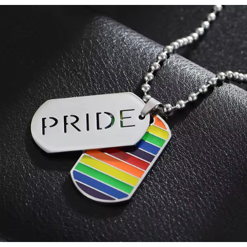 Stainless steel LGBTQ Pride dog tag necklace with rainbow stripe pendant and black ball chain