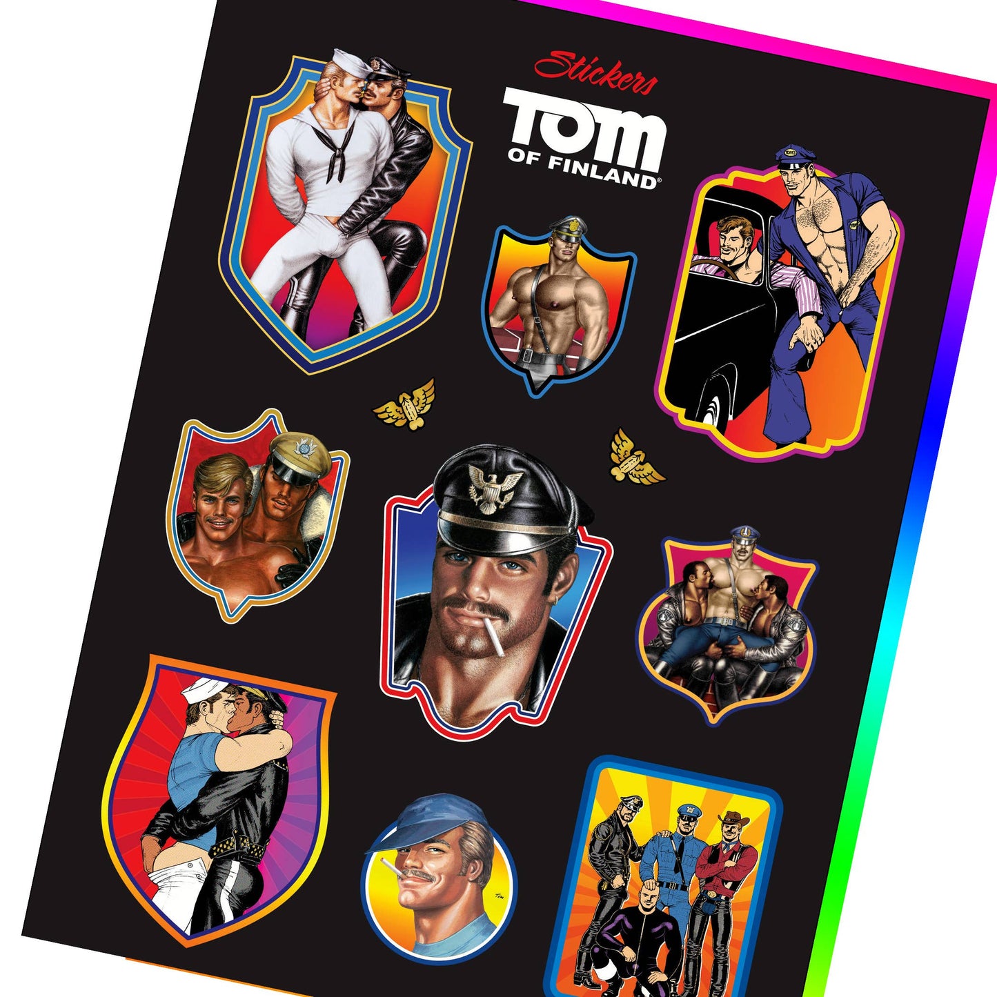 Official Tom of Finland sticker sheet featuring 12 individually die-cut stickers with iconic leather, sailor, police, and classic LGBTQ+ artwork.