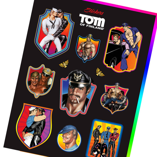 Official Tom of Finland sticker sheet featuring 12 individually die-cut stickers with iconic leather, sailor, police, and classic LGBTQ+ artwork.