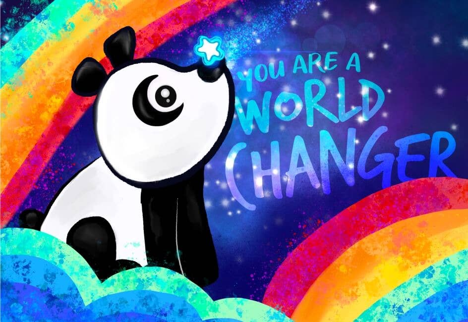 You Are a World Changer 150-piece Micro Puzzle featuring an inspirational panda beneath a rainbow with a message encouraging kindness.
