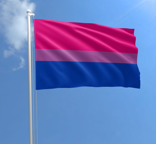 Bisexual Pride outdoor flag with pink purple and blue stripes against a blue sky