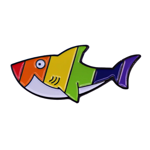 Rainbow Shark enamel pin with colorful geometric Pride-inspired shark design