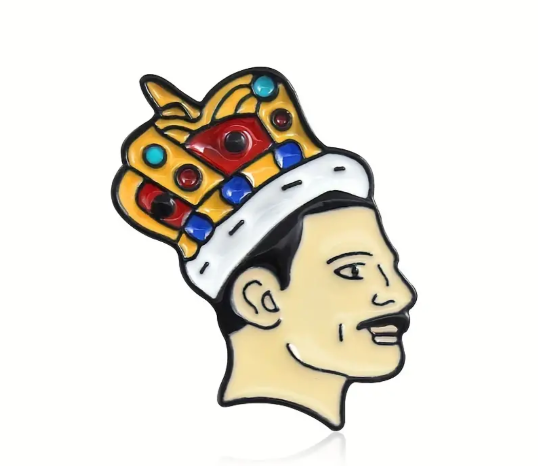 Legendary Freddie enamel pin featuring crowned glam rock inspired portrait artwork