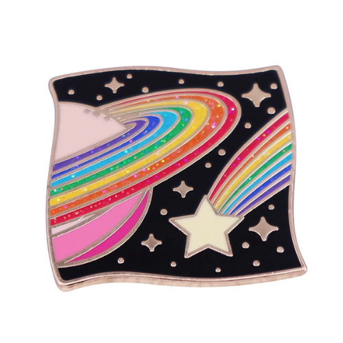 Rainbow Galaxy enamel pin with glittery cosmic rainbow planet and star design