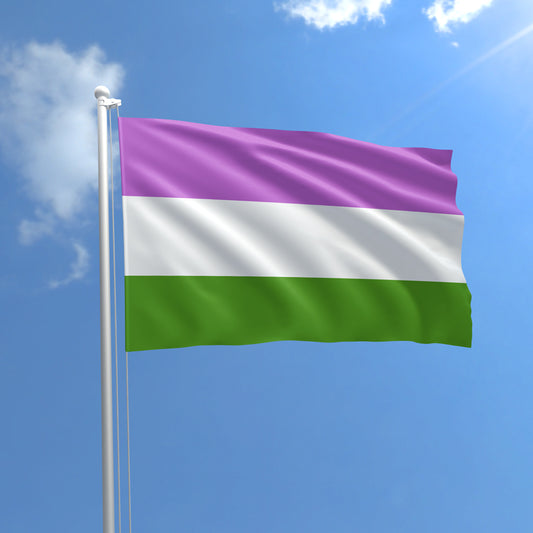Genderqueer Pride outdoor flag with lavender white and green horizontal stripes against a blue sky