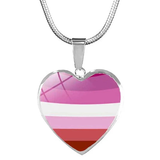 Lesbian pride heart pendant necklace with lesbian pride flag colors beneath glass heart charm