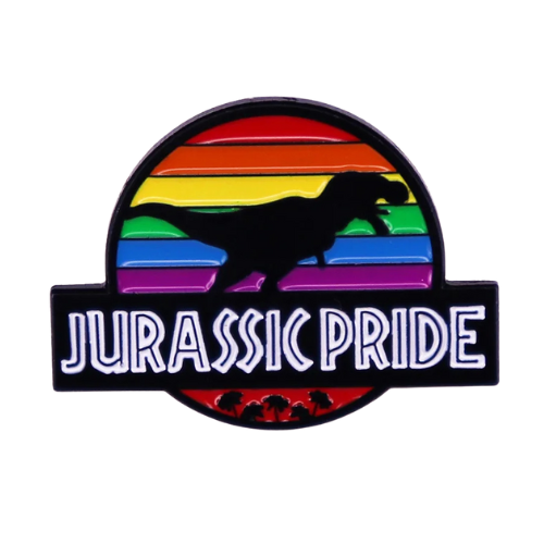 Rainbow dinosaur enamel pin with the phrase “Jurassic Pride”