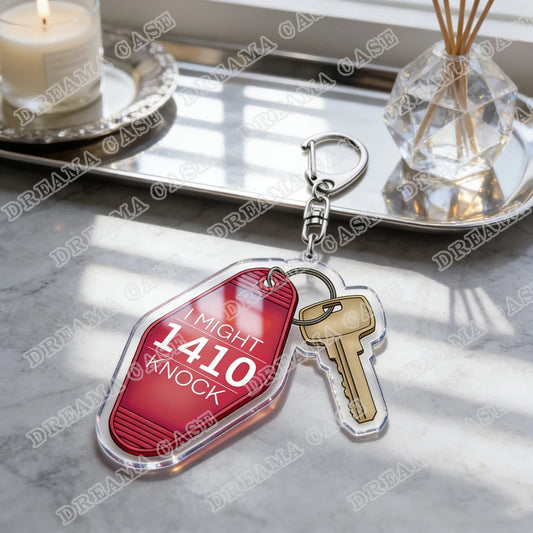 Heated Rivalry acrylic motel keychain with “1410 I Might Knock” quote and key charm