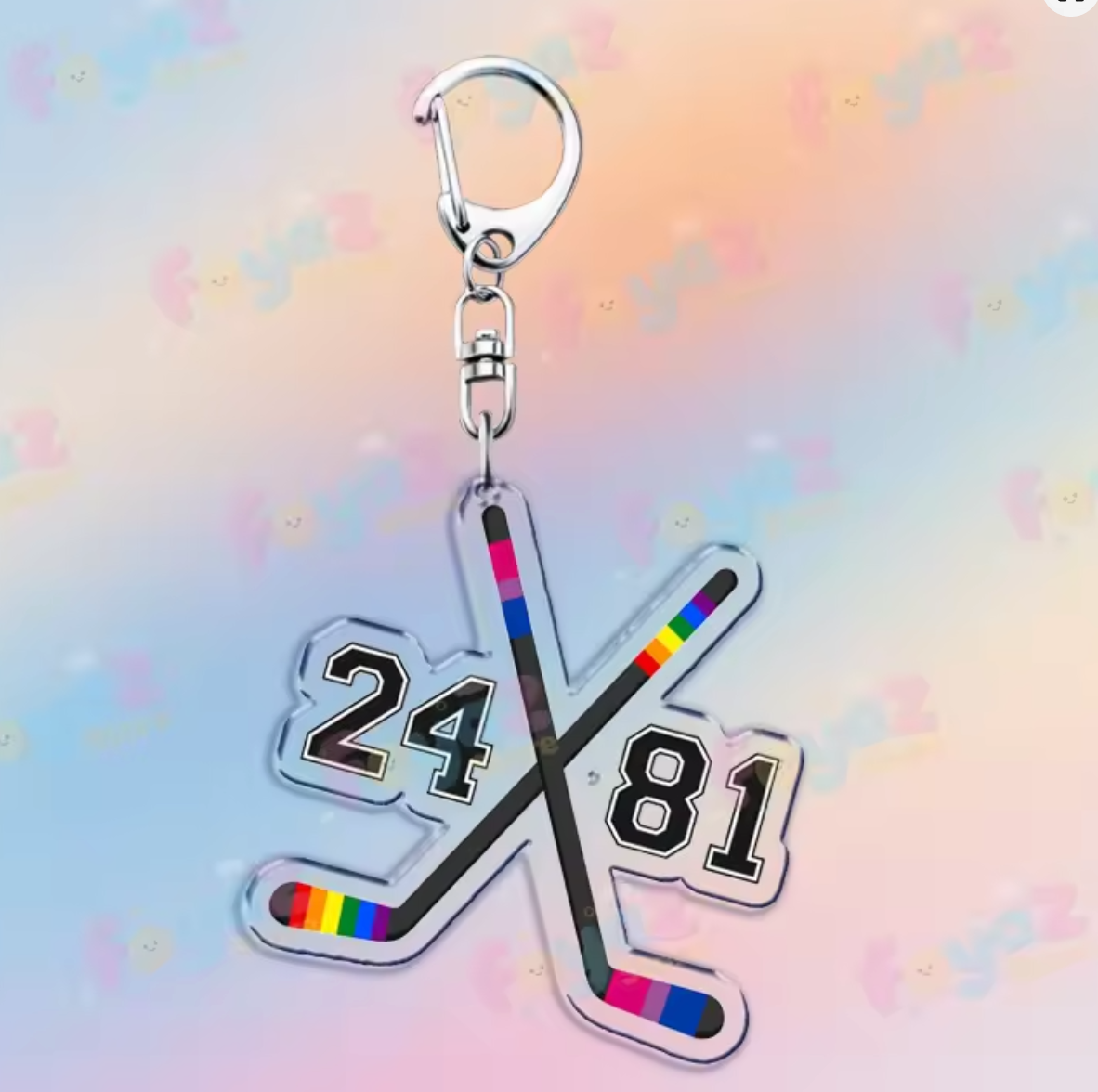 Heated Rivalry acrylic keychain with crossed rainbow hockey sticks and Hollander Rozanov numbers