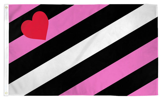 Leather Girl Pride outdoor flag with diagonal black pink white stripes and red heart symbol