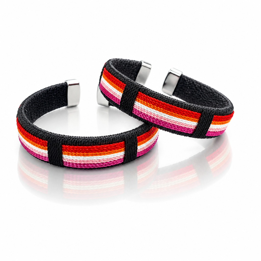 a pair of Lesbian pride woven cuff bracelets with colorful striped fabric design